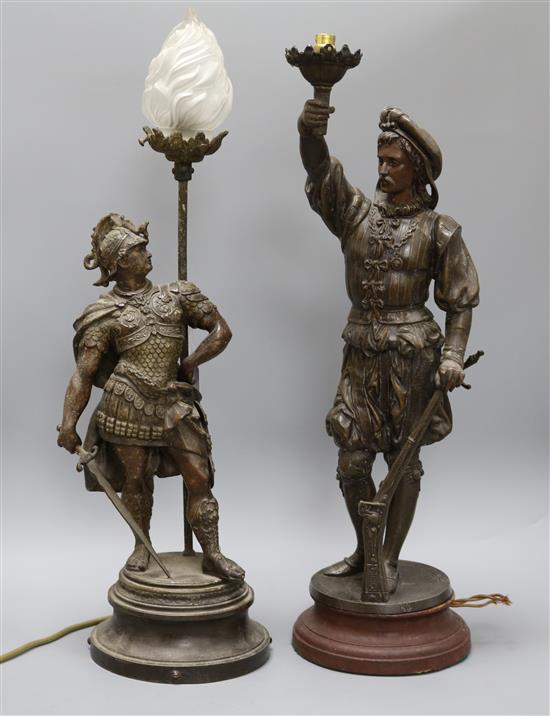 Two bronzed spelter figural lamps tallest 57cm excl. shade